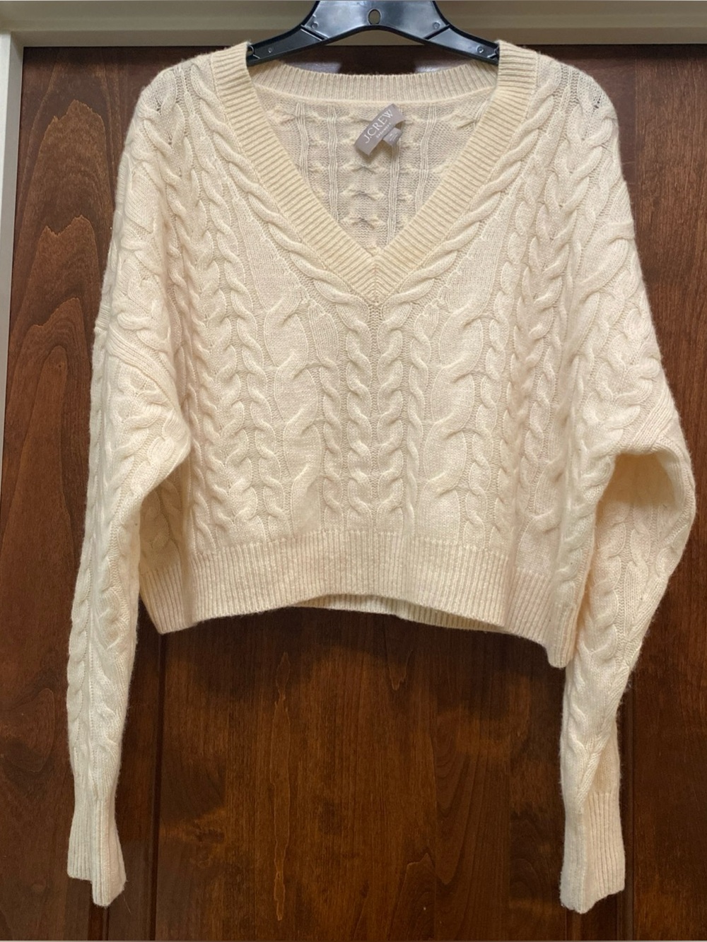 J. Crew Cashmere cropped cable-knit V-neck sweater Sz M in ivory